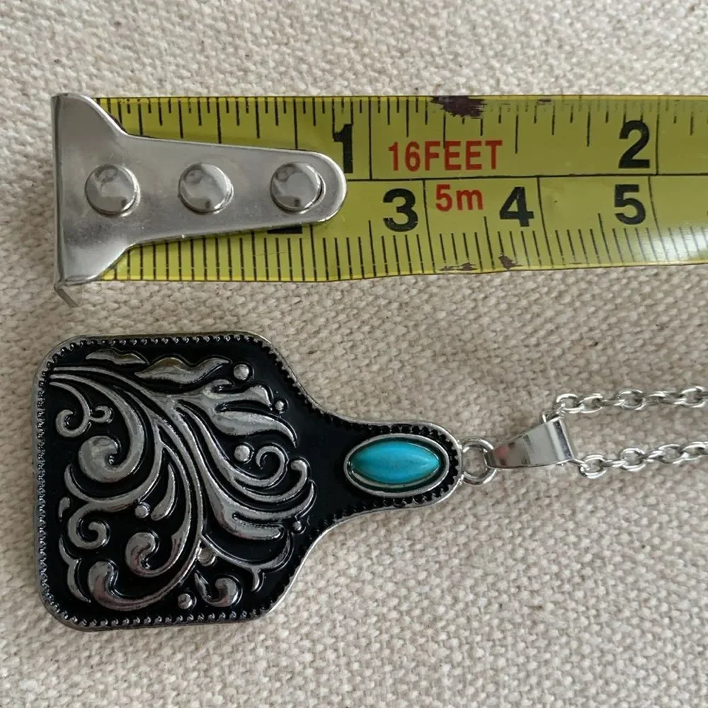 Men’s Western Cow Tag Pendant Necklace Silver Tone with Turquoise Accent